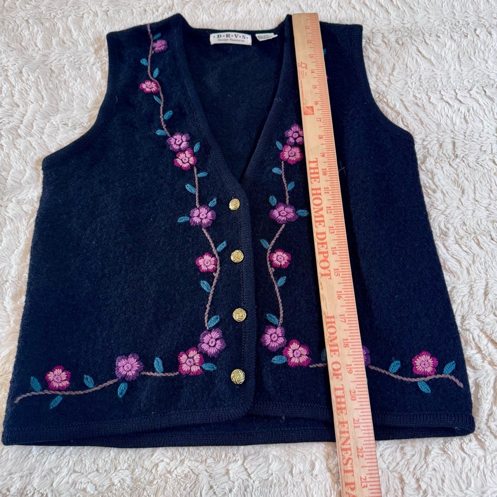 Vintage 90s D.R.V.S.  Wool Embroidered Vest Black Purple Floral Gold Buttons - Picture 3 of 6